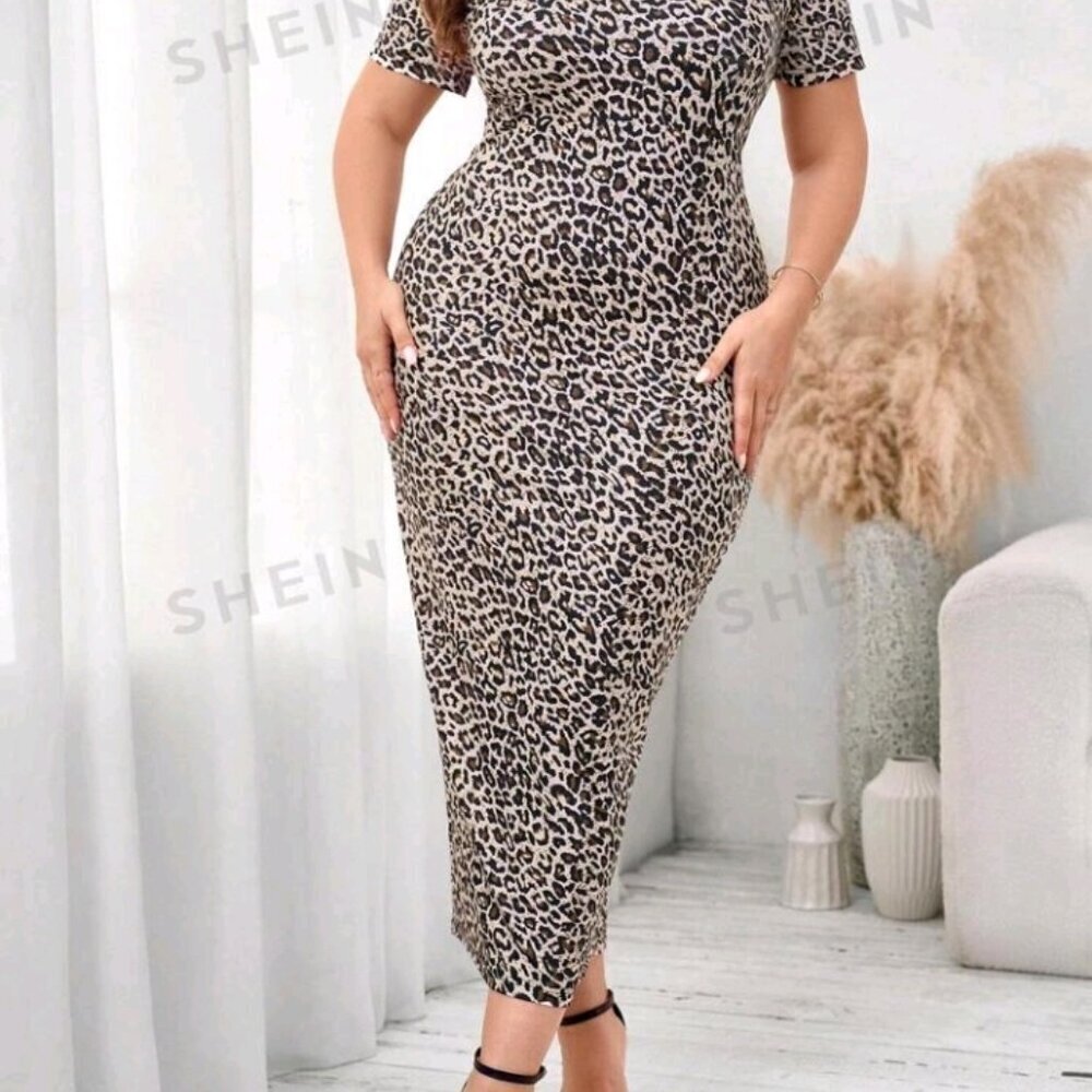 Clasi Plus Size Women's Leopard Print Bodycon Midi Dress - Picture 8 of 8